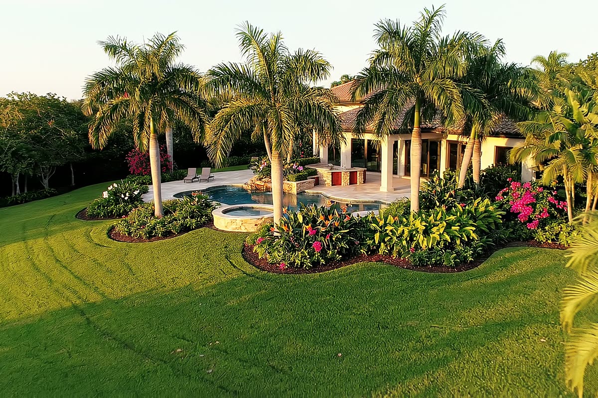 A finished Broward property at golden hour: striped turf, royal palms and planted beds around a pool deck.